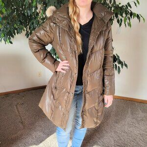 Marc New York long brown puffer coat, down parka, real fur trim, XL, Like New